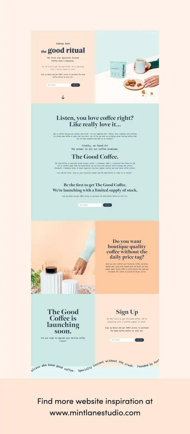 Mint Lane — 'The Good Coffee' Shopify launch landing page (pastel product + sign‑up)