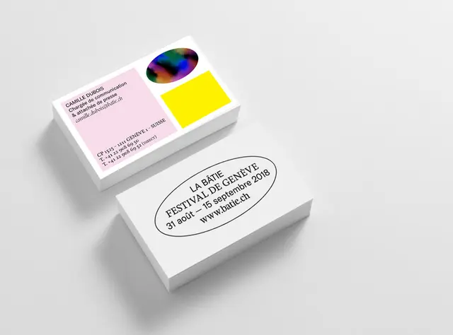 Business cards for La Bâtie Festival de Genève and Camille Dubois with color-block motifs