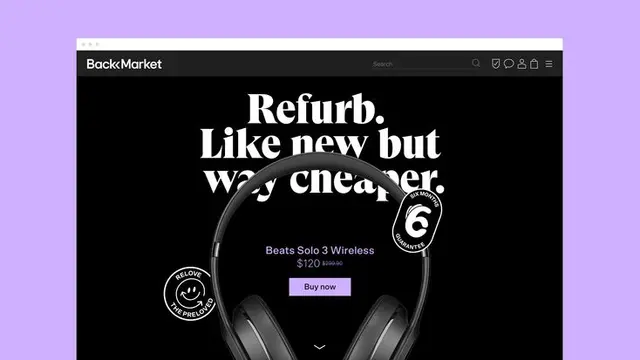 Back Market website hero: bold serif headline and Beats Solo 3 product shot