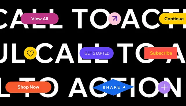 Colorful CTA button examples over repeated 'CALL TO ACTION' background — Wix Blog