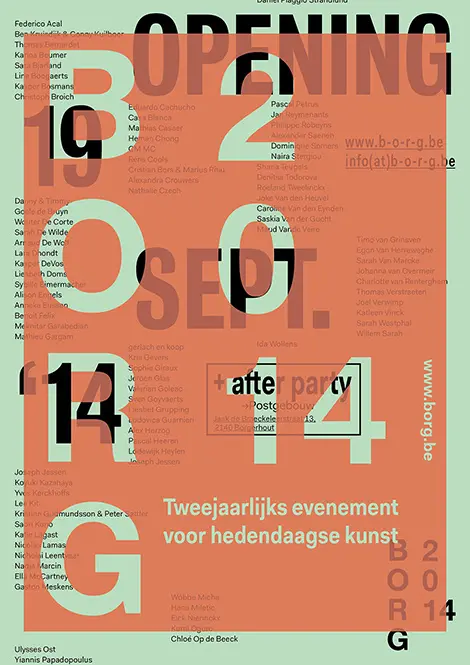 BORG opening poster — typographic event poster for contemporary art (’13 ’14)