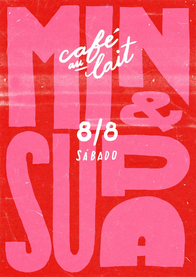 Café au Lait — 8/8 Sábado typographic poster (pink on red, distressed)