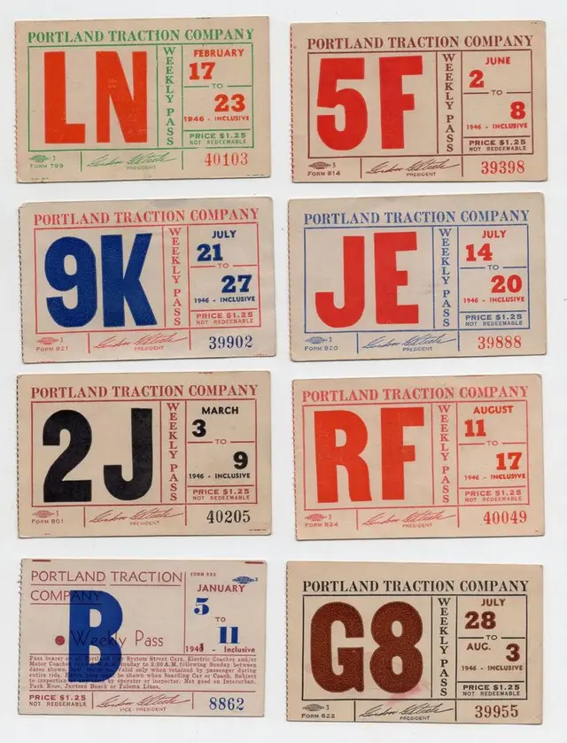 Portland Traction Company — vintage weekly transit passes (1946), 3x3 grid