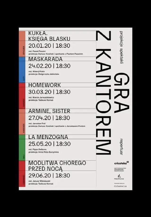 Polish theatrical program poster — "GRA Z KANTOREM" seasonal schedule