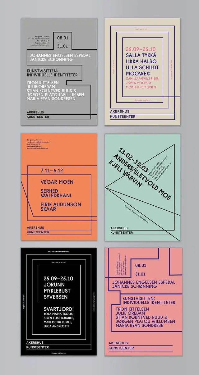 Grid of six minimalist exhibition posters for Akershus Kunstsenter