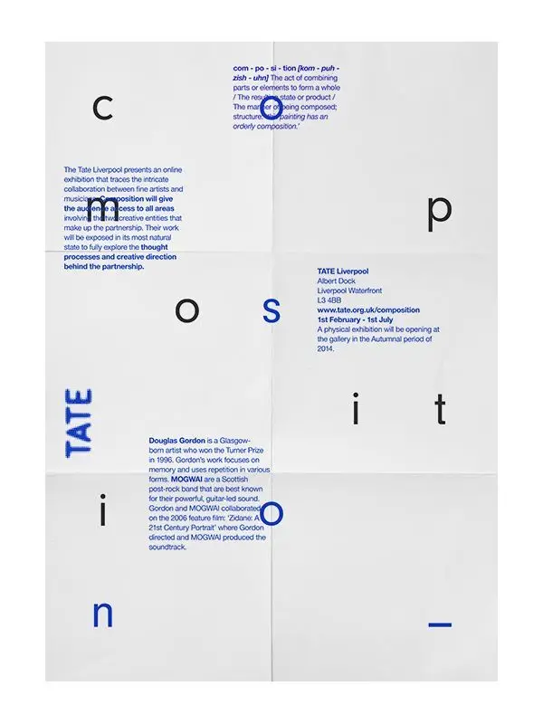 Tate Liverpool 'Composition' folded-paper exhibition poster — blue minimal typography