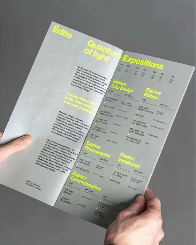 Folded exhibition brochure “Quantum of light” with neon-yellow headings