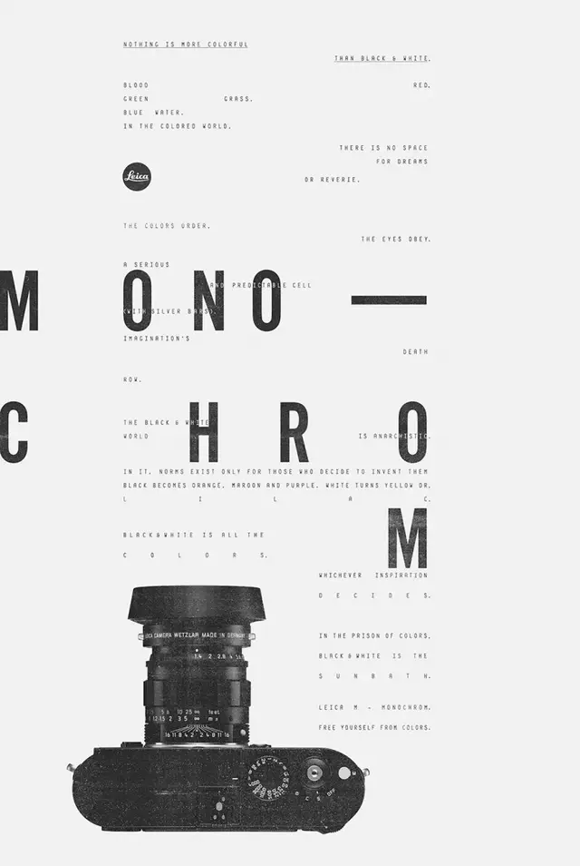 Leica Monochrom typographic poster with camera silhouette