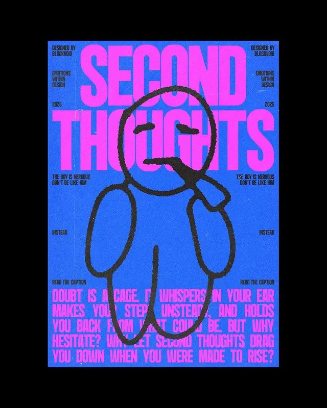 SECOND THOUGHTS — neon blue poster with hand-drawn figure