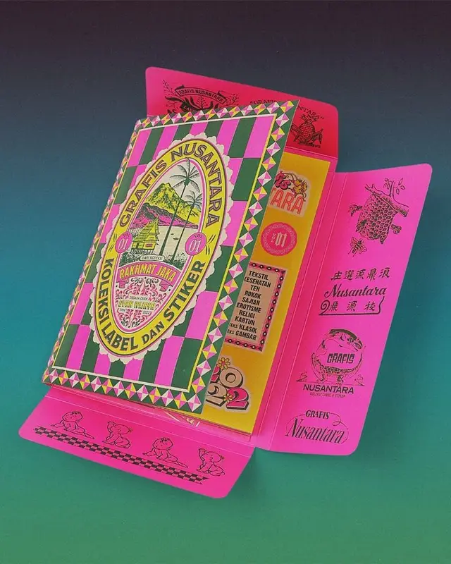 Grafis Nusantara sticker & label folder — hot pink and green striped packaging