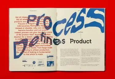 Editorial spread with bold blue hand-lettering and 'Product' headline