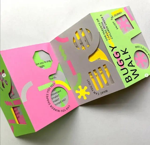 Die-cut fold-out activity leaflet — 'BUGGY WALK' neon pink & lime green