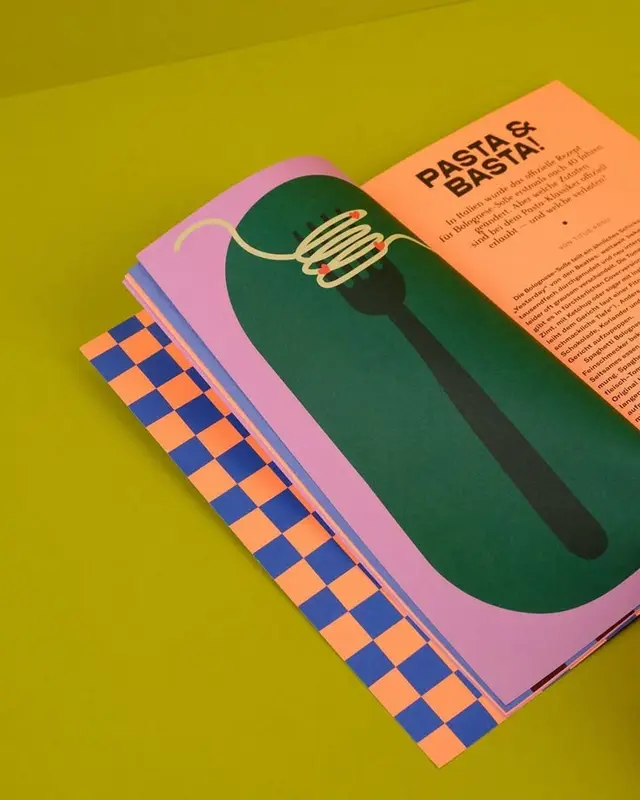 Editorial spread: 'PASTA & BASTA!' with fork and twirled pasta illustration