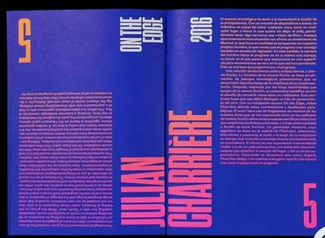 Julian Charrière two-page editorial spread — bold pink typography on deep blue (2018)