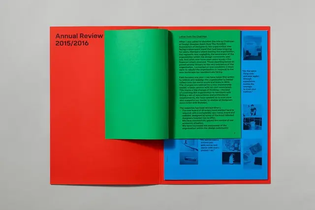 Annual Review booklet with green insert and blue contents page (2015/2016)
