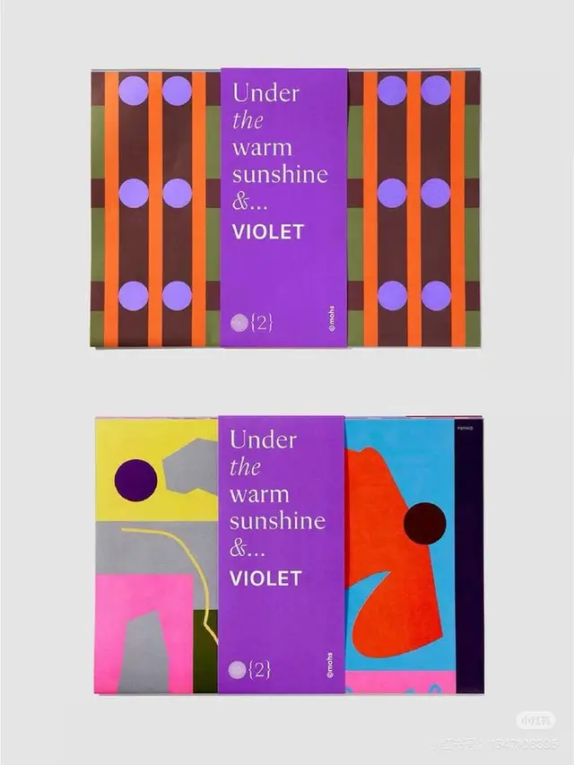 Two violet-themed packaging designs with bold geometric patterns