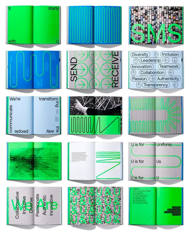 Neon green & cyan editorial book spreads — typographic brand-layouts