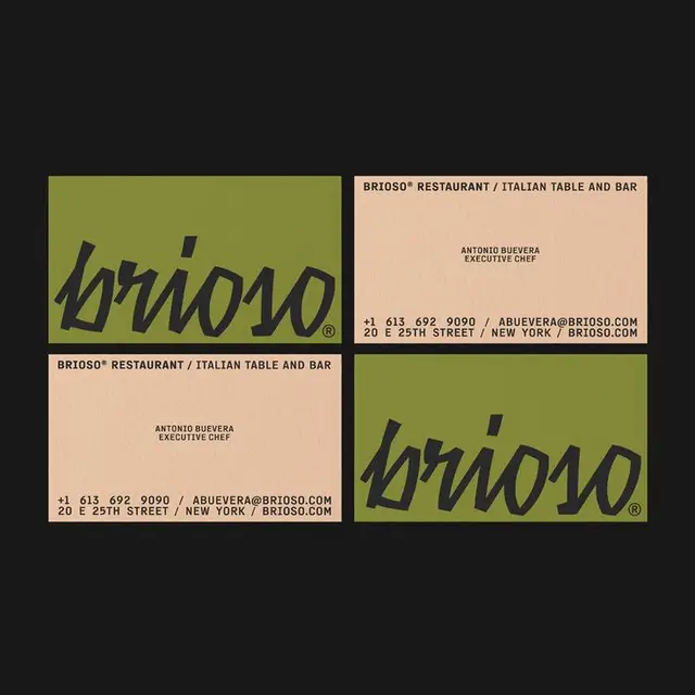Brioso restaurant business card set — olive green script and cream contact cards