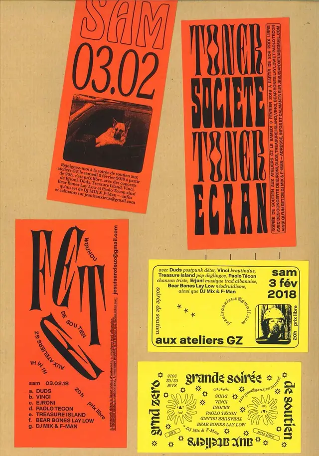 Neon orange and yellow French concert flyers — psychedelic typography collage