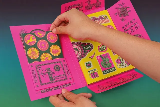 Neon pink gatefold sticker booklet with yellow label sheets