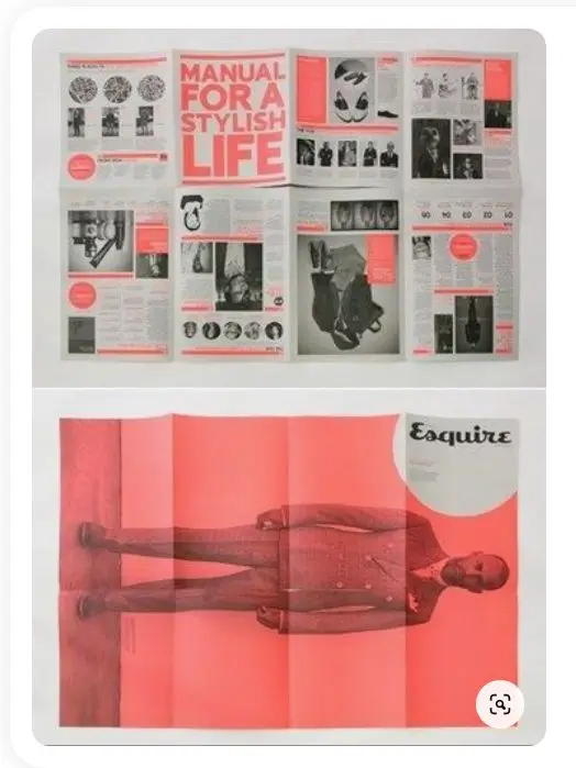 Esquire-style folded magazine spread with coral duotone poster