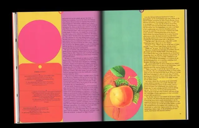 Two-page editorial spread with peach illustration and bold color blocks
