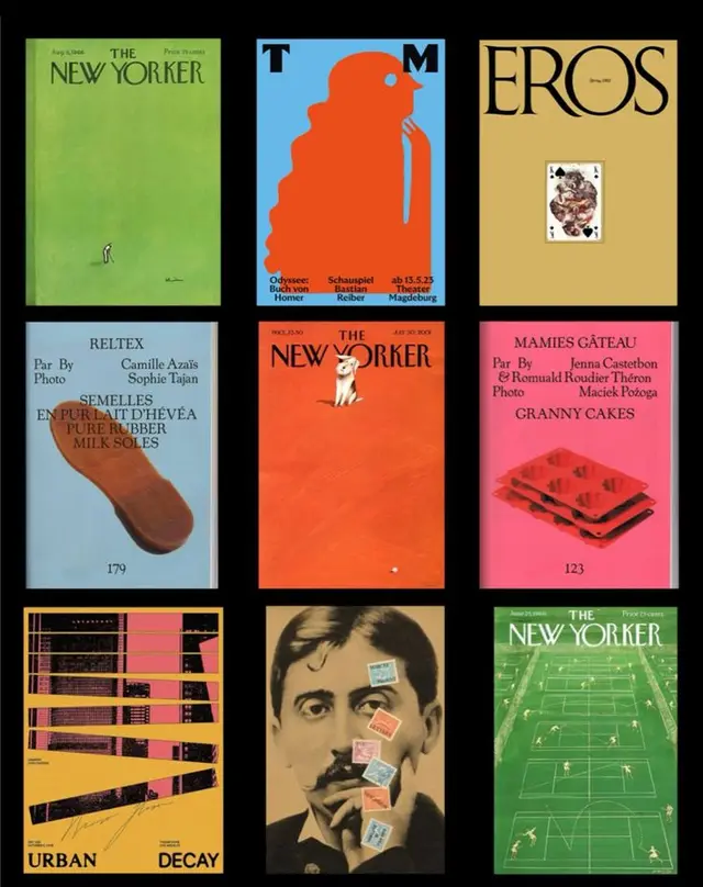 3x3 grid of vintage magazine and poster covers (The New Yorker, EROS, Urban Decay, French/