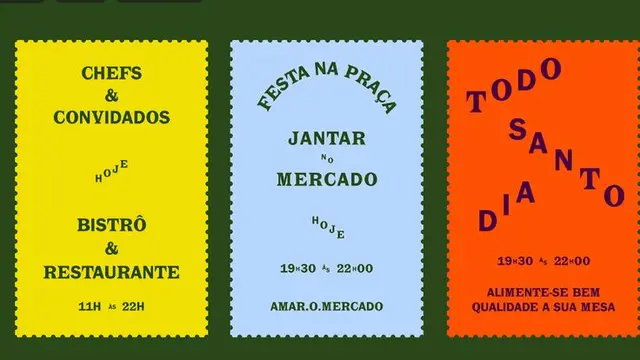 Triptych scalloped-edge event posters (Portuguese) — yellow, light blue, orange