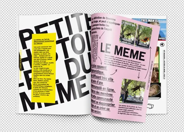 Magazine spread with pink insert titled "LE MEME" — French editorial layout