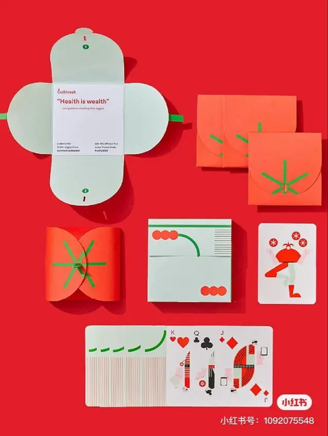 Red + mint promotional packaging set with playing cards — “Health is wealth”
