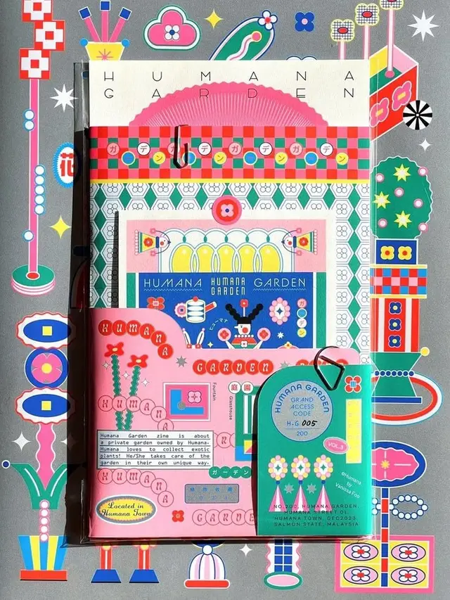 Humana Garden zine collage — colorful Japanese‑pop paper ephemera