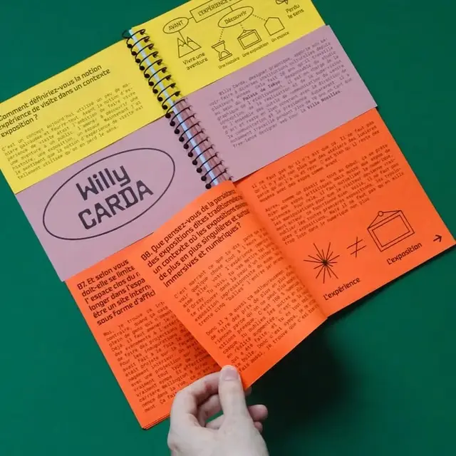 Color-block spiral-bound exhibition zine with 'Willy CARDA'