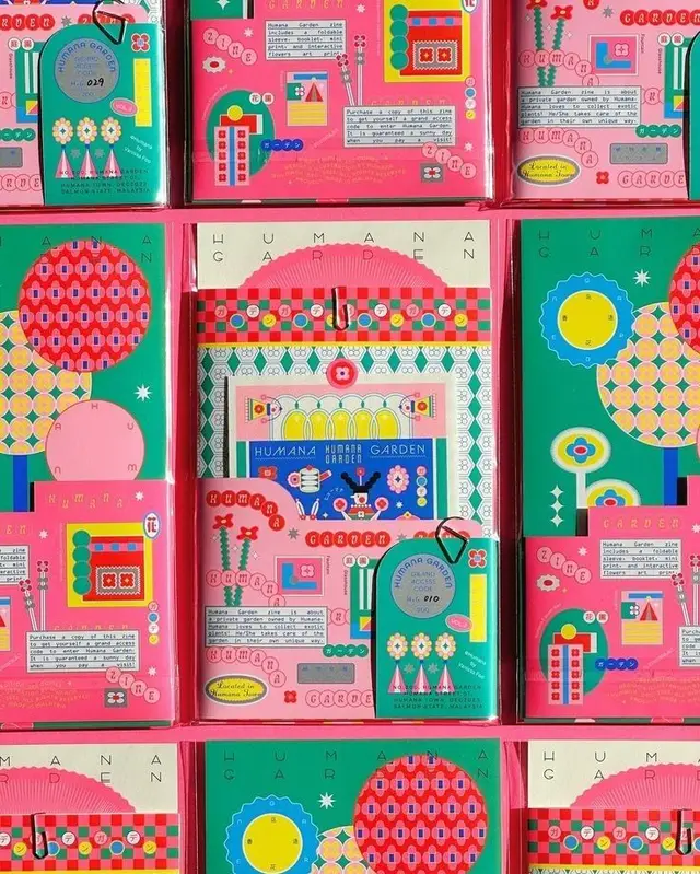 Humana Garden packaging — pink & teal geometric floral boxes