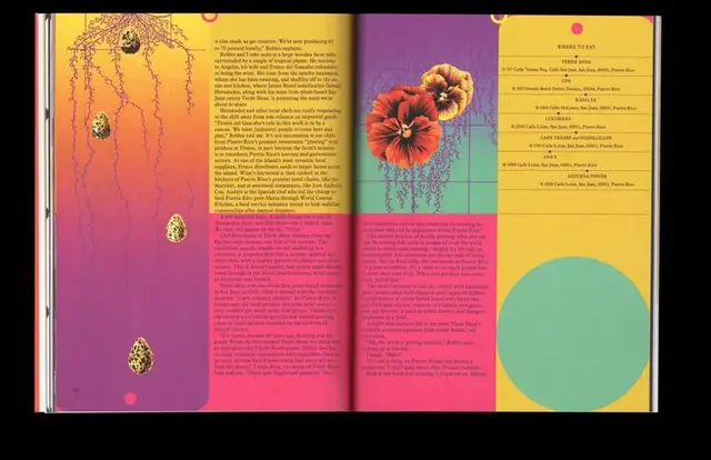 Color-blocked editorial spread with botanical collage and 'WHERE TO EAT' listing