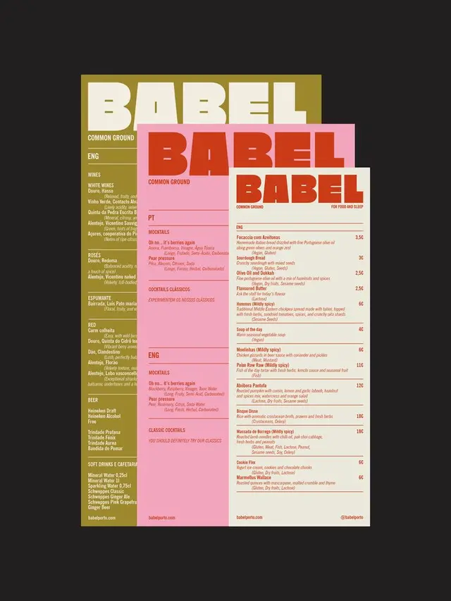 BABEL restaurant menus — three overlapping poster menus with oversized headline