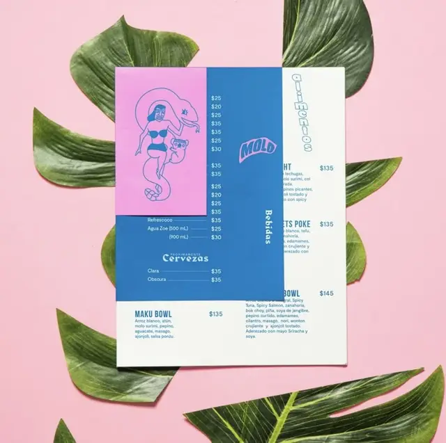 Pink + Blue Tropical Flatlay Menu with Mermaid Illustration and 'MOLD' Logo