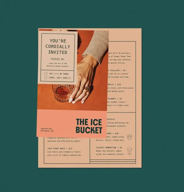Mixology invitation and cocktail menu — 'The Ice Bucket' printed flyers