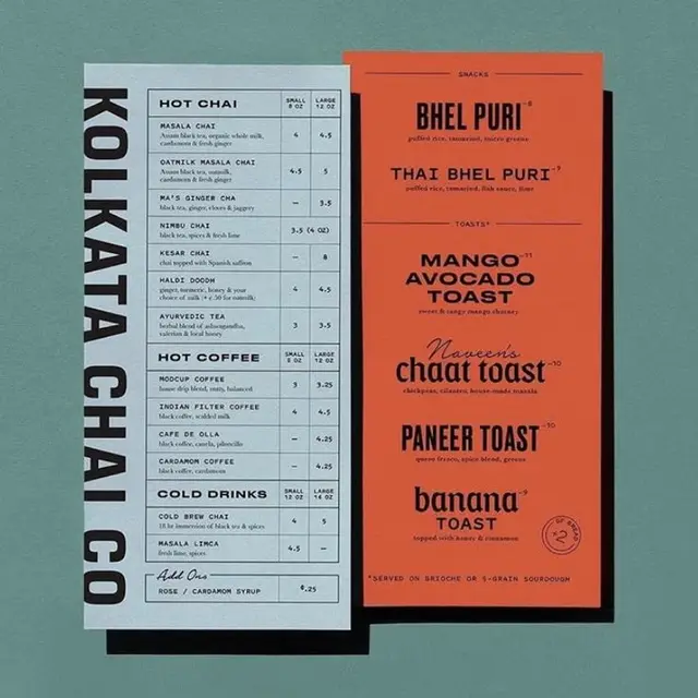 Kolkata Chai Co — two-panel printed menu with snacks and toasts