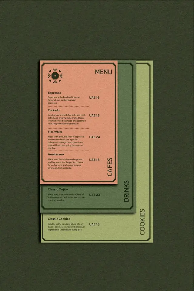 Layered cafe menu — terracotta and olive paper sheets