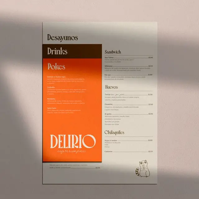 DELIRIO menu poster — orange block breakfast & drinks menu