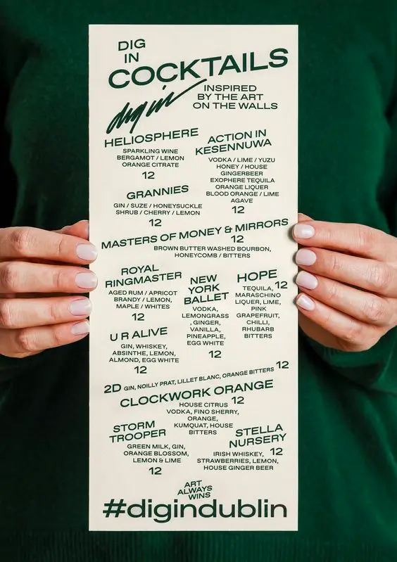 Dig In Cocktails — cream printed menu poster (#digindublin)