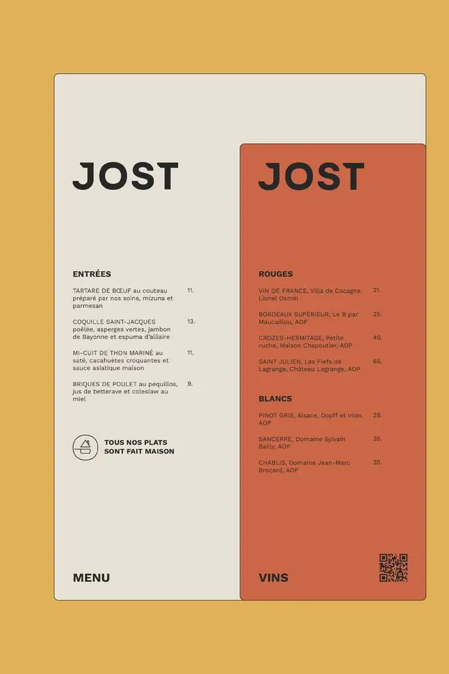 JOST two-column French restaurant menu — mustard & terracotta