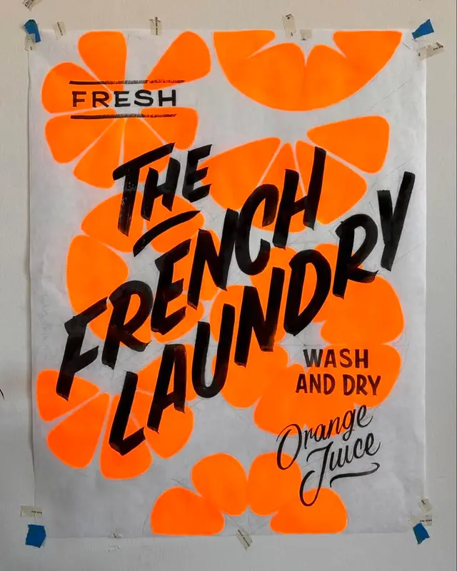 Hand-painted poster 'The French Laundry' with fluorescent orange citrus slices