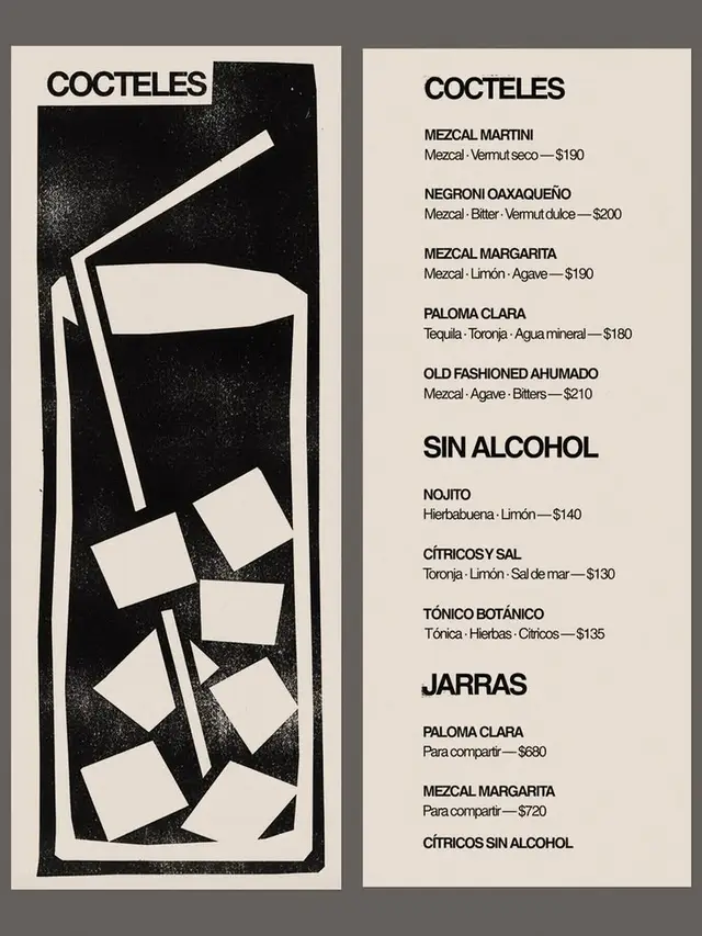 Minimalist linocut cocktail menu (Mezcal & Paloma)