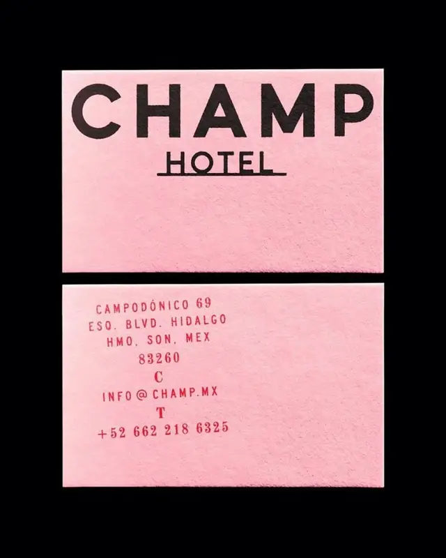 CHAMP Hotel pink business card — Campodónico 69, HMO. SON, MEX