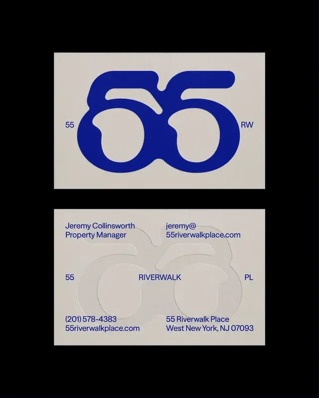 Riverwalk Place two-sided business card with bold '55' logo