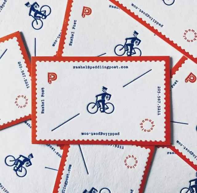 Postage‑stamp letterpress business cards with bicycle courier logo