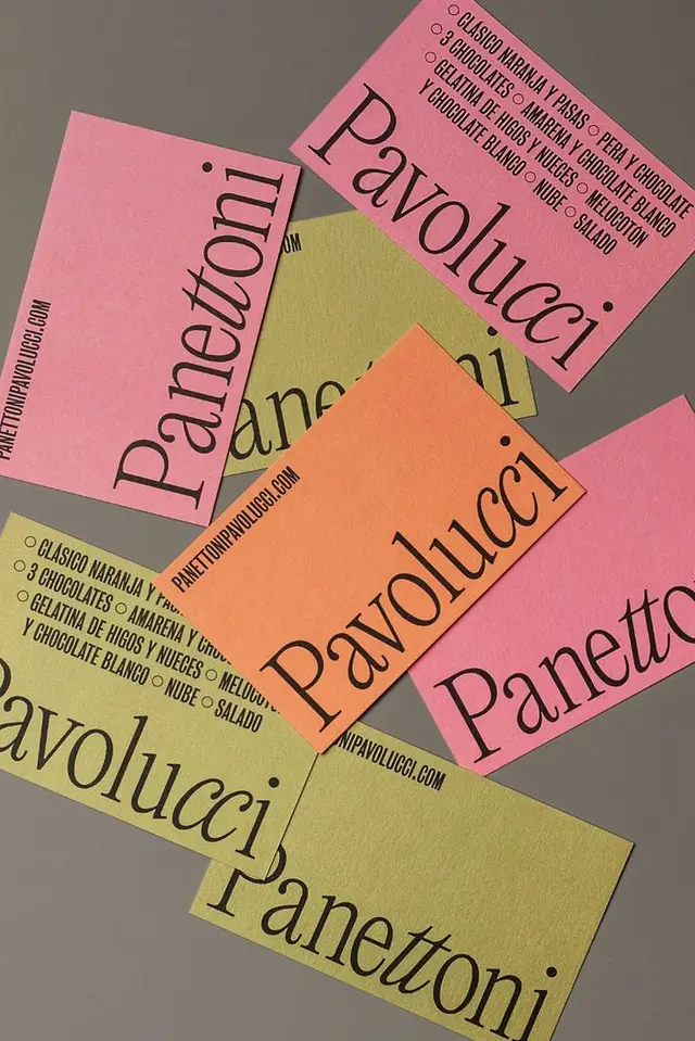Pavolucci Panettoni promotional cards — neon cardstock print sample