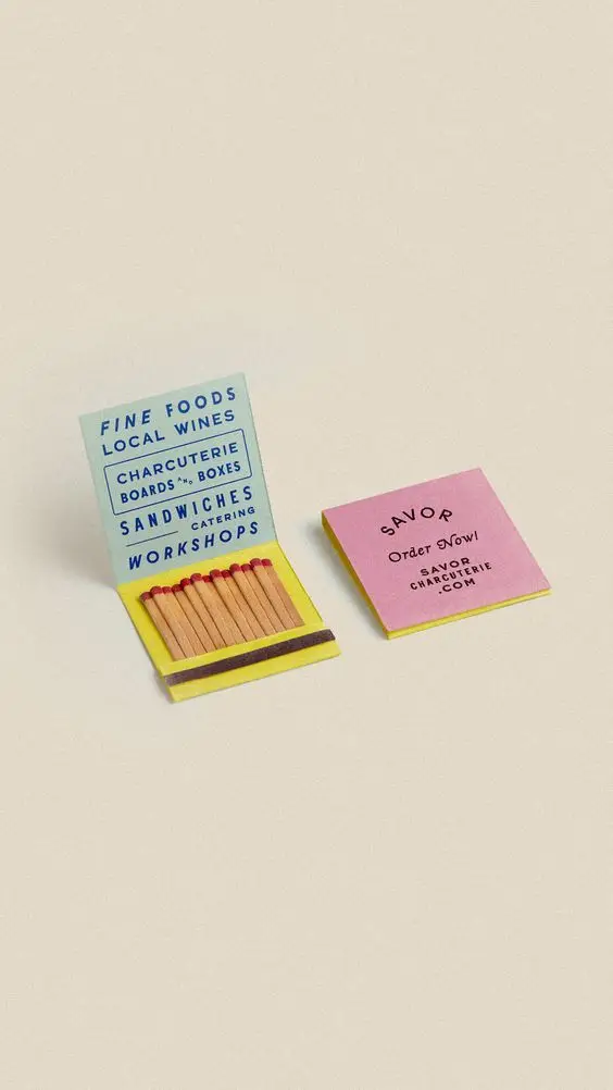 SAVOR charcuterie promotional matchbooks — open matchbook with wooden matches