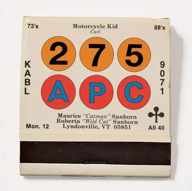 Vintage matchbook cover: 275 APC — Motorcycle Kid Carl, Lyndonville VT